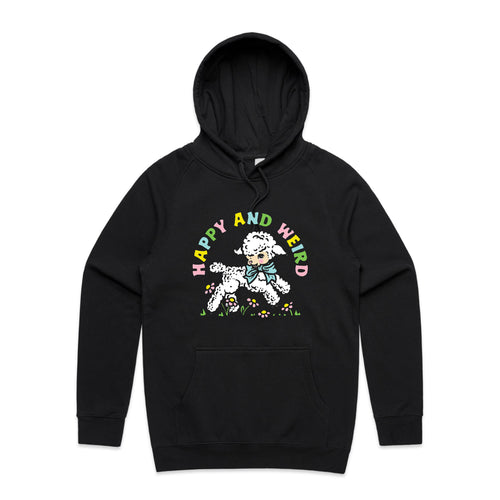 Happy And Weird Hoodie by Lonely Kids Club. All clothing from our T-shirts to our shorts and hoodies are ethically made, and printed packed and shipped from Sydney.