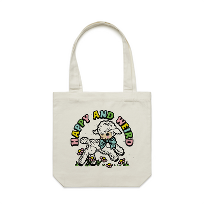 Happy And Weird Tote by Lonely Kids Club. All clothing from our T-shirts to our shorts and hoodies are ethically made, and printed packed and shipped from Sydney.