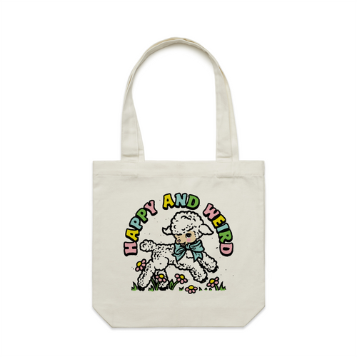 Happy And Weird Tote by Lonely Kids Club. All clothing from our T-shirts to our shorts and hoodies are ethically made, and printed packed and shipped from Sydney.