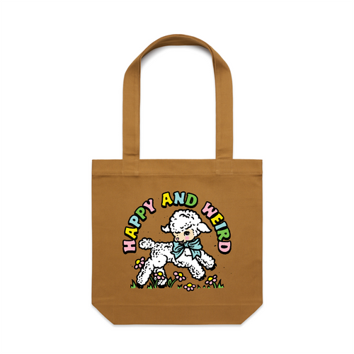 Happy And Weird Tote by Lonely Kids Club. All clothing from our T-shirts to our shorts and hoodies are ethically made, and printed packed and shipped from Sydney.