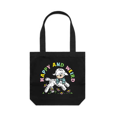 Happy And Weird Tote by Lonely Kids Club. All clothing from our T-shirts to our shorts and hoodies are ethically made, and printed packed and shipped from Sydney.