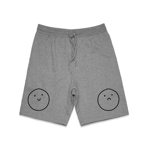 Happy Sad Shorts by Lonely Kids Club. All clothing from our T-shirts to our shorts and hoodies are ethically made, and printed packed and shipped from Sydney.