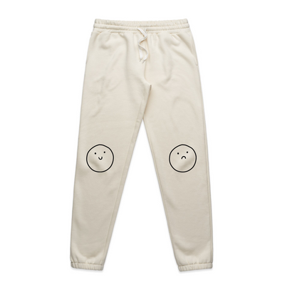 Happy Sad Track Pants by Lonely Kids Club. All clothing from our T-shirts to our shorts and hoodies are ethically made, and printed packed and shipped from Sydney.