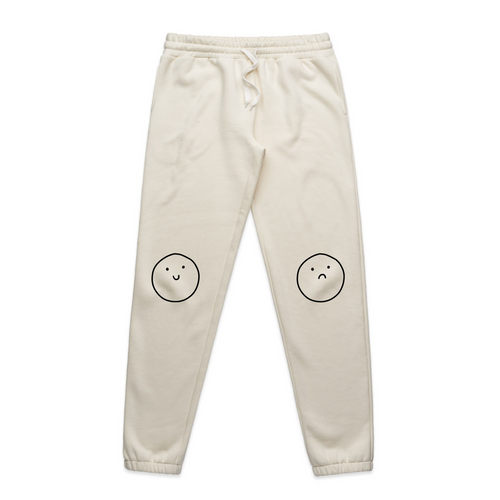 Happy Sad Track Pants by Lonely Kids Club. All clothing from our T-shirts to our shorts and hoodies are ethically made, and printed packed and shipped from Sydney.