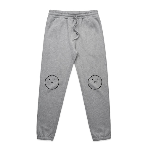 Happy Sad Track Pants by Lonely Kids Club. All clothing from our T-shirts to our shorts and hoodies are ethically made, and printed packed and shipped from Sydney.