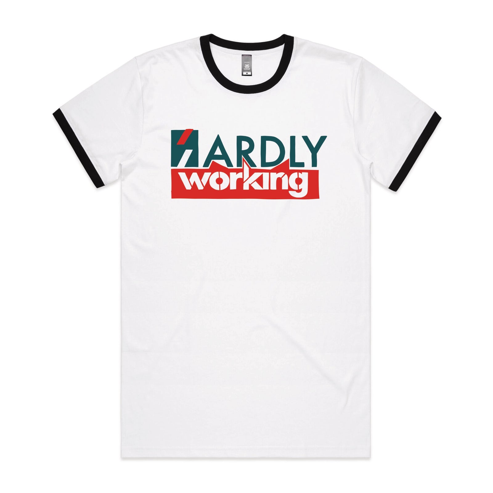 Black/White Ringer unisex t-shirt with Hardly Working graphic by Lonely Kids Club