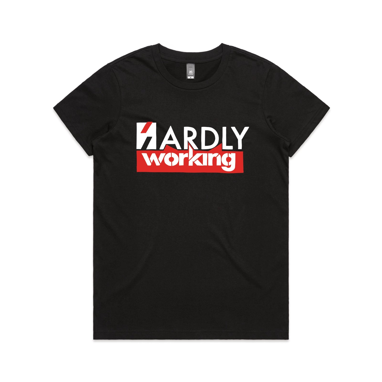 Black fitted womens t-shirt with Hardly Working graphic by Lonely Kids Club
