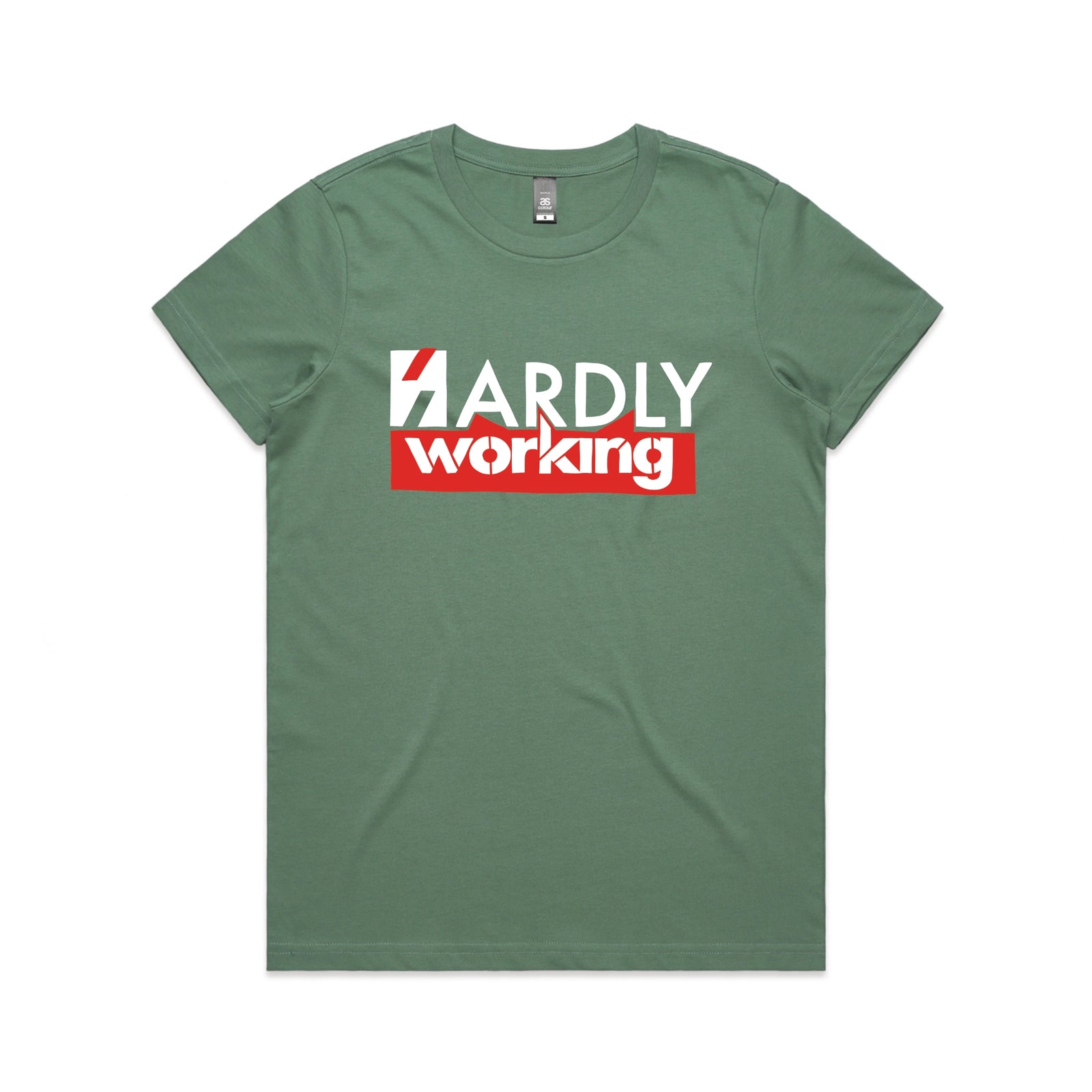 Sage fitted womens t-shirt with Hardly Working graphic by Lonely Kids Club