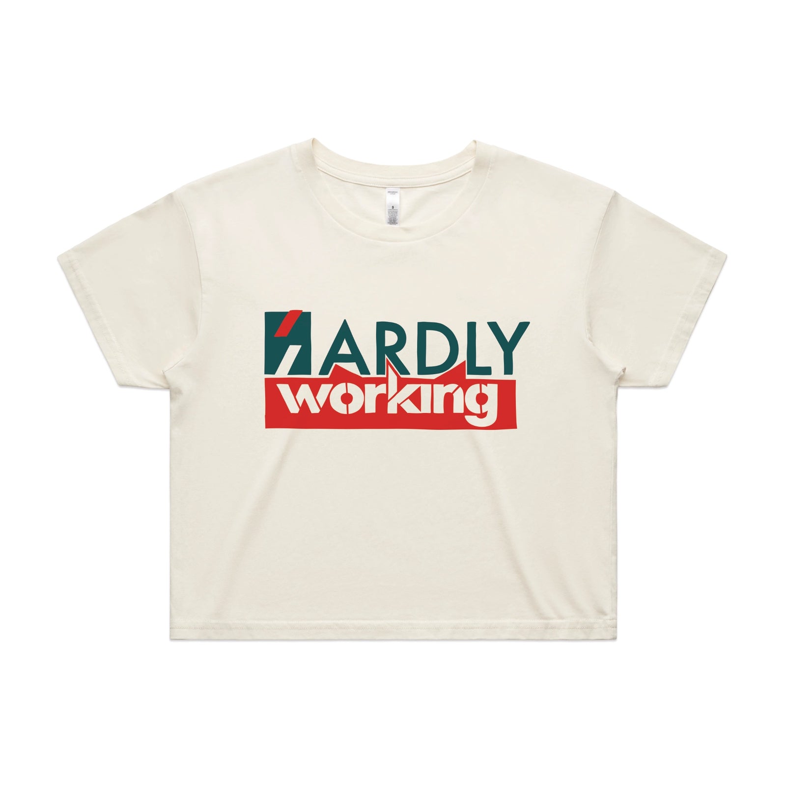 Ecru crop top with Hardly Working graphic by Lonely Kids Club