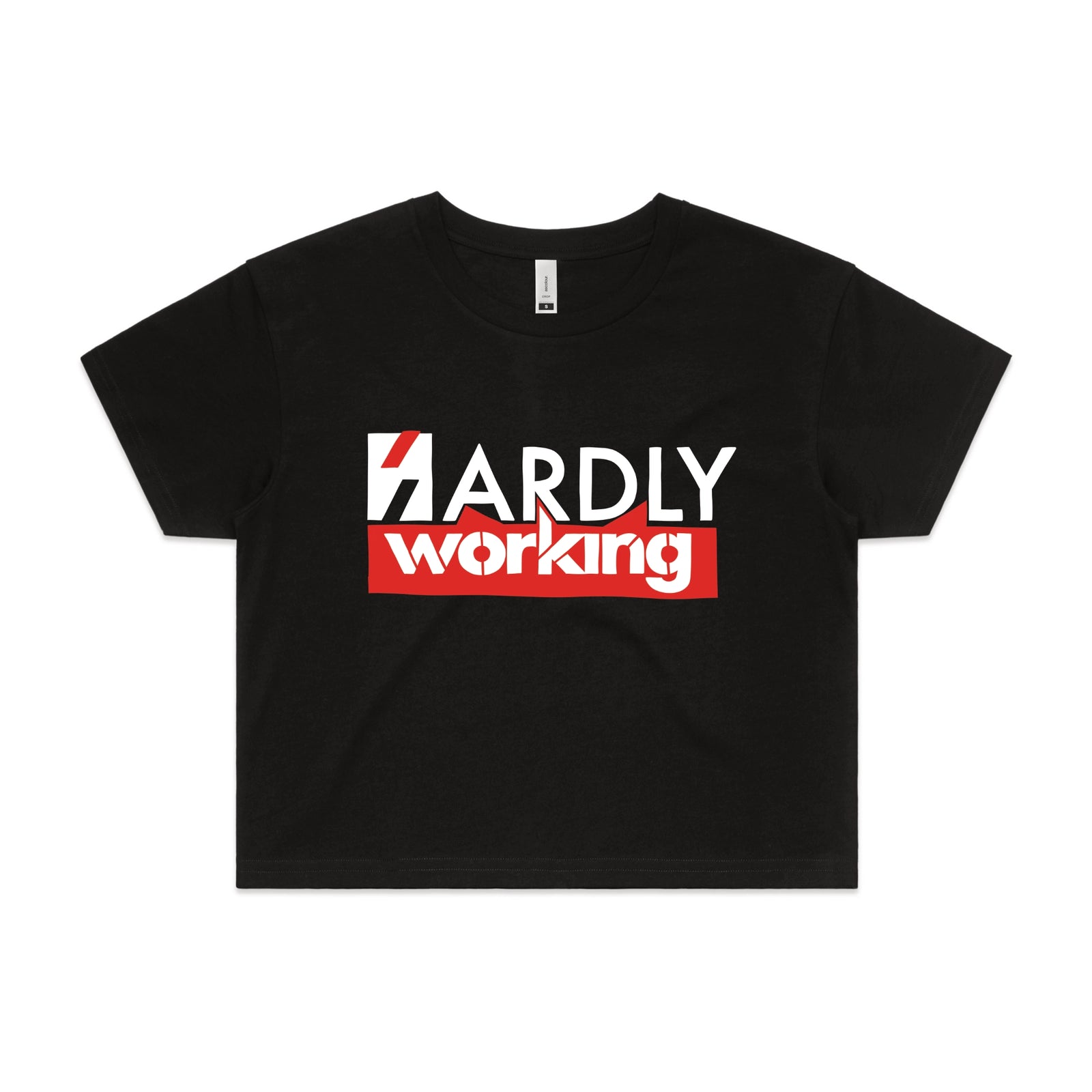 Black crop top with Hardly Working graphic by Lonely Kids Club
