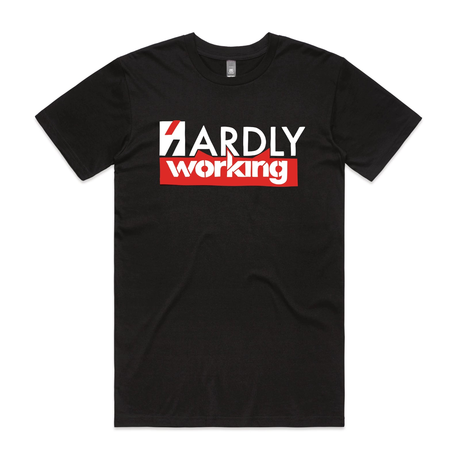 Black unisex t-shirt with Hardly Working graphic by Lonely Kids Club