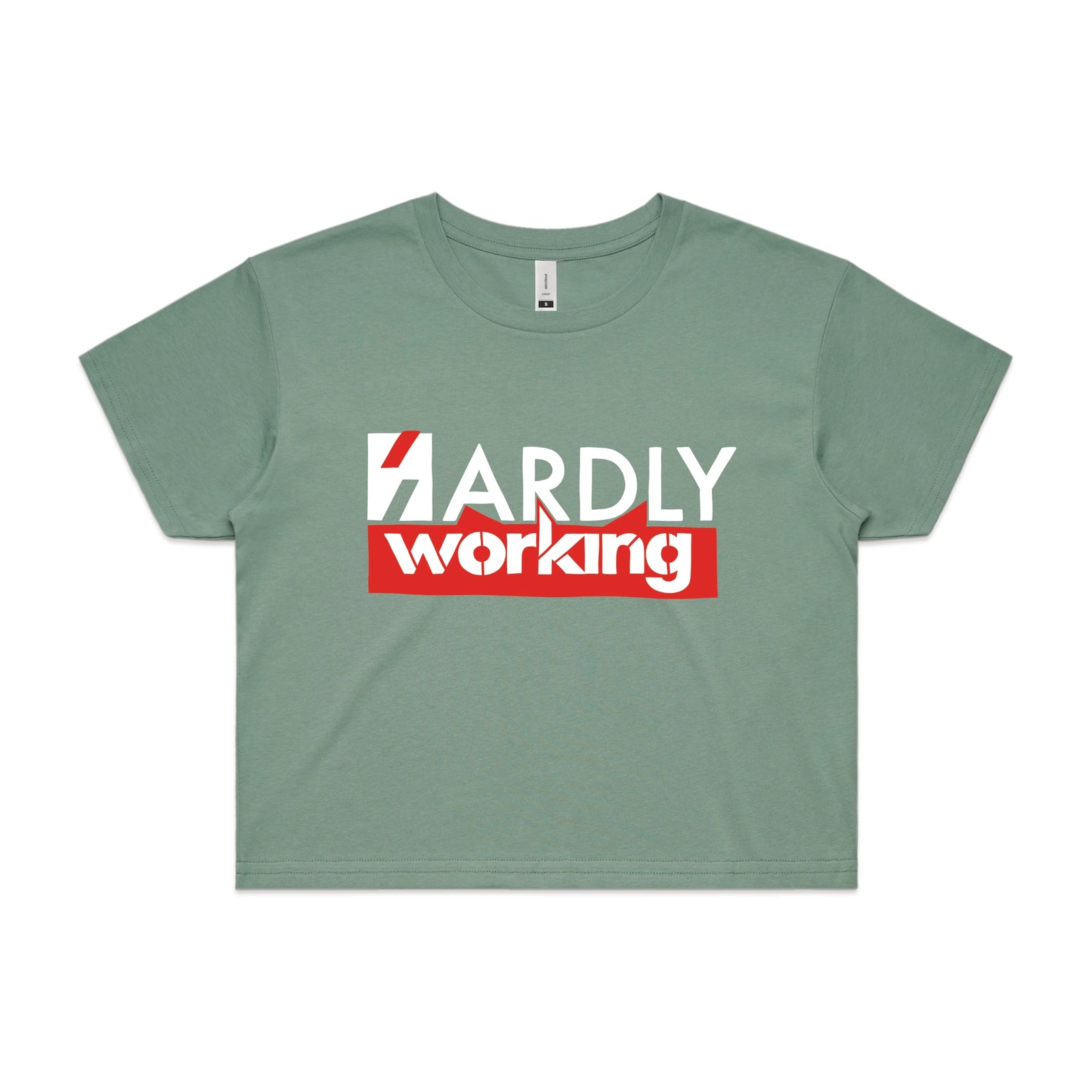 Sage crop top with Hardly Working graphic by Lonely Kids Club