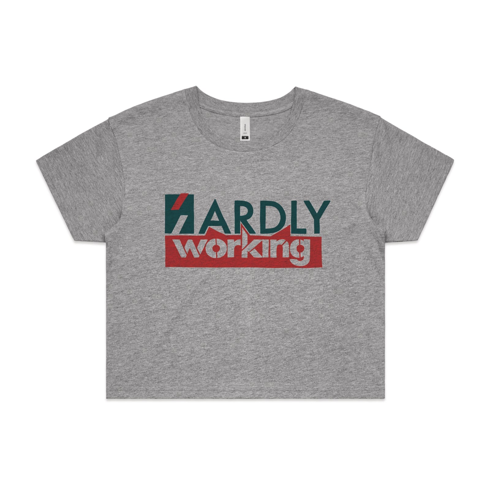 Grey Marle crop top with Hardly Working graphic by Lonely Kids Club