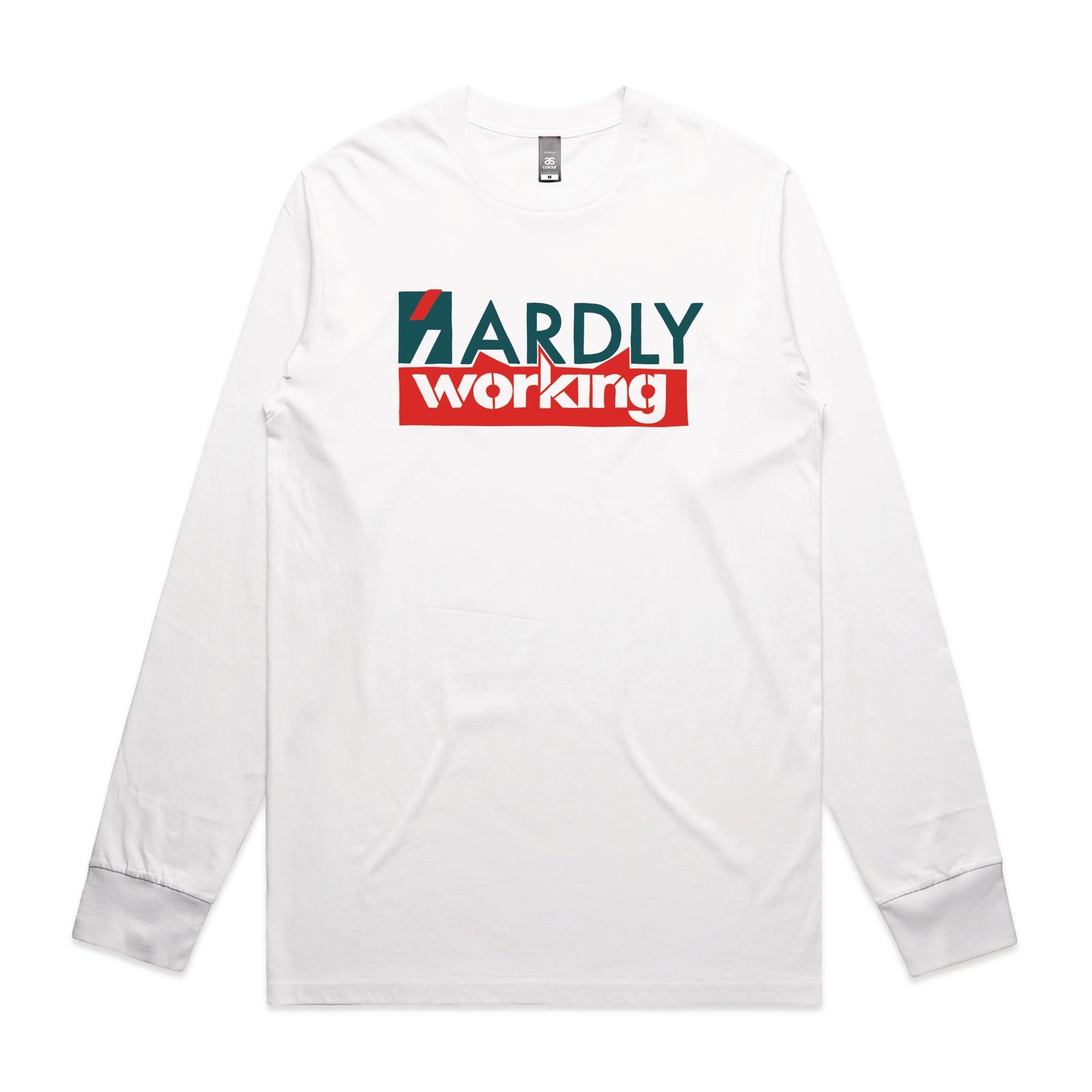 White long sleeve t-shirt with Hardly Working graphic by Lonely Kids Club