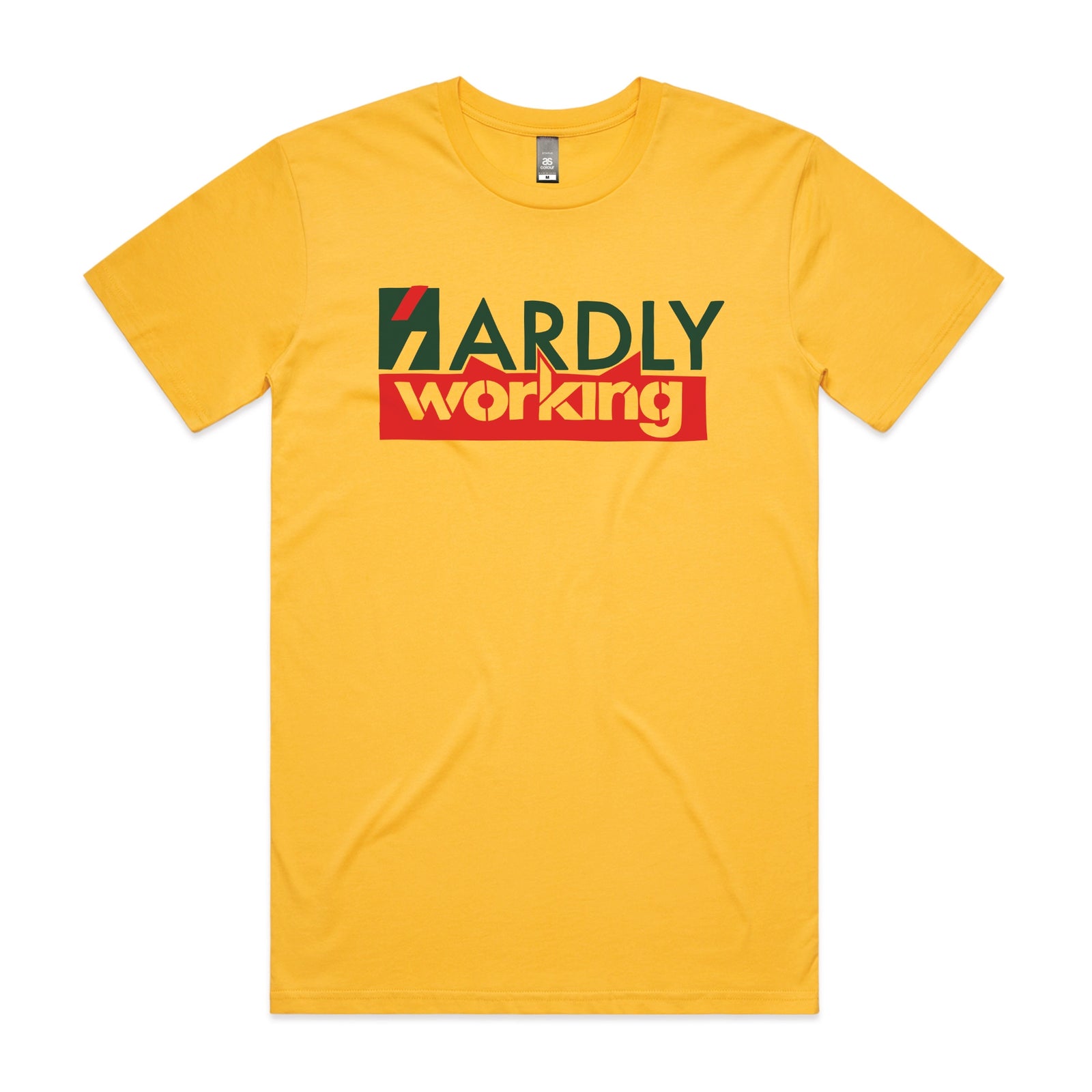 Yellow unisex t-shirt with Hardly Working graphic by Lonely Kids Club