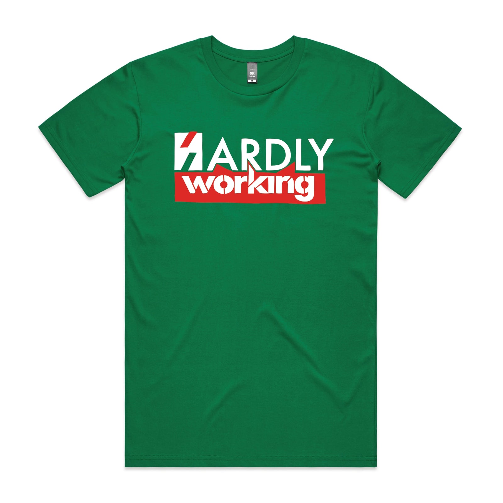 Green unisex t-shirt with Hardly Working graphic by Lonely Kids Club