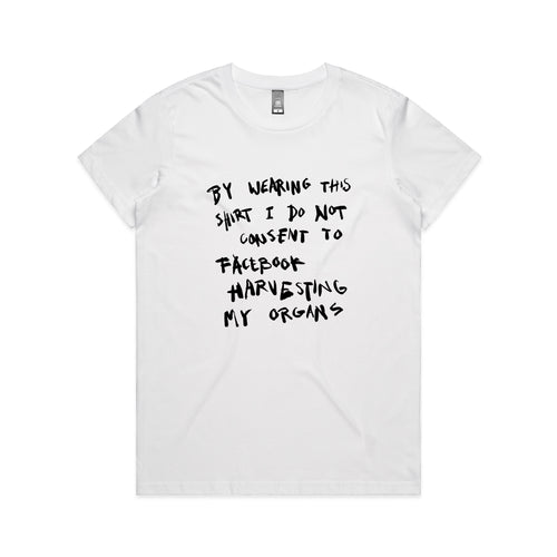 Harvesting My Organs Tee by Lonely Kids Club. All clothing from our T-shirts to our shorts and hoodies are ethically made, and printed packed and shipped from Sydney.