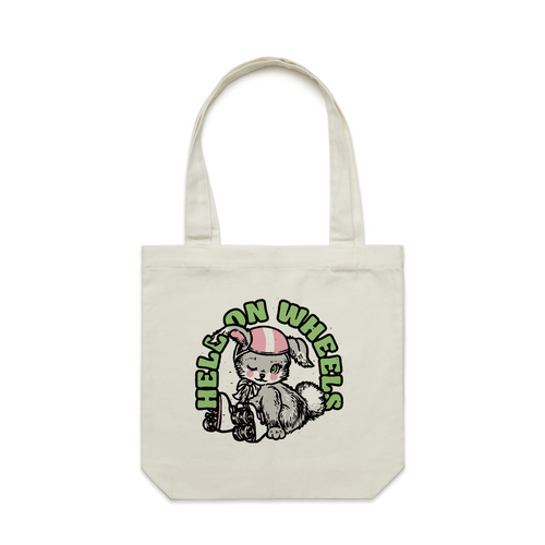 Hell On Wheels Tote by Lonely Kids Club. All clothing from our T-shirts to our shorts and hoodies are ethically made, and printed packed and shipped from Sydney.