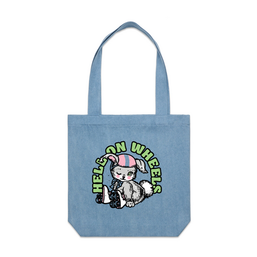 Hell On Wheels Tote by Lonely Kids Club. All clothing from our T-shirts to our shorts and hoodies are ethically made, and printed packed and shipped from Sydney.