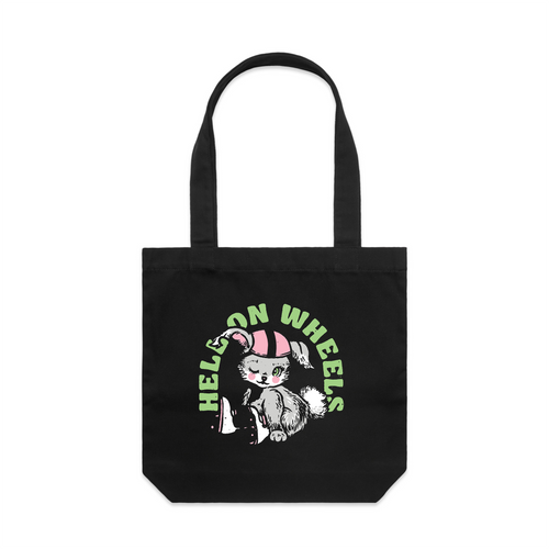Hell On Wheels Tote by Lonely Kids Club. All clothing from our T-shirts to our shorts and hoodies are ethically made, and printed packed and shipped from Sydney.