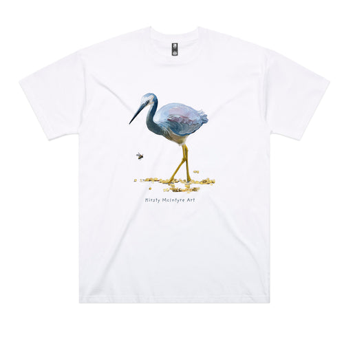 White Faced Heron Tee by Lonely Kids Club. All clothing from our T-shirts to our shorts and hoodies are ethically made, and printed packed and shipped from Sydney.