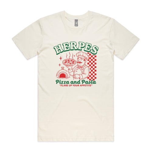 Herpes, Pizza, Pasta Tee by Lonely Kids Club. All clothing from our T-shirts to our shorts and hoodies are ethically made, and printed packed and shipped from Sydney.