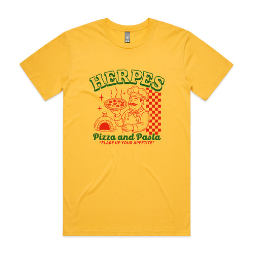 Herpes, Pizza, Pasta Tee by Lonely Kids Club. All clothing from our T-shirts to our shorts and hoodies are ethically made, and printed packed and shipped from Sydney.