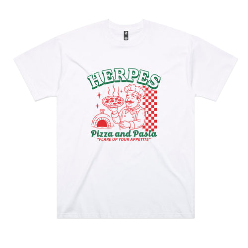 Herpes, Pizza, Pasta Tee by Lonely Kids Club. All clothing from our T-shirts to our shorts and hoodies are ethically made, and printed packed and shipped from Sydney.