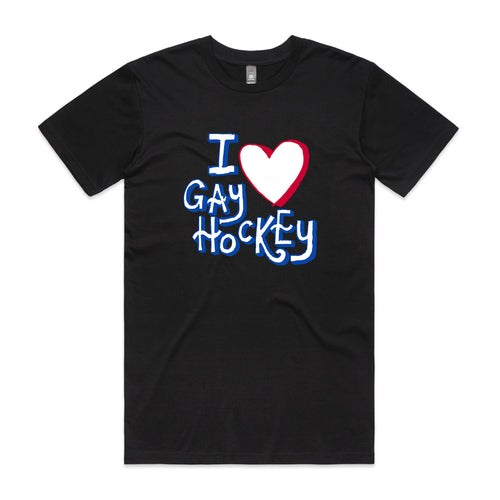 Gay Hockey Tee by Lonely Kids Club. All clothing from our T-shirts to our shorts and hoodies are ethically made, and printed packed and shipped from Sydney.