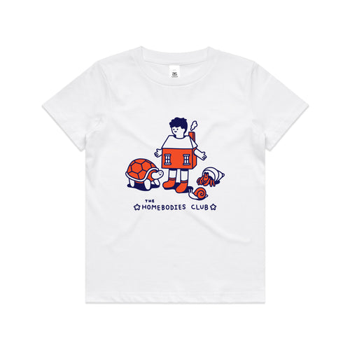 Homebodies Kids Tee by Lonely Kids Club. All clothing from our T-shirts to our shorts and hoodies are ethically made, and printed packed and shipped from Sydney.