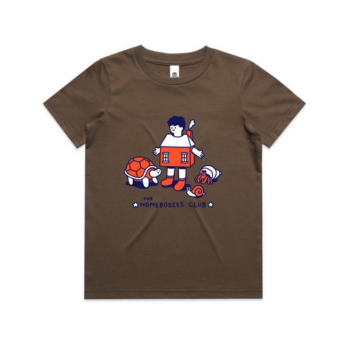Homebodies Kids Tee by Lonely Kids Club. All clothing from our T-shirts to our shorts and hoodies are ethically made, and printed packed and shipped from Sydney.