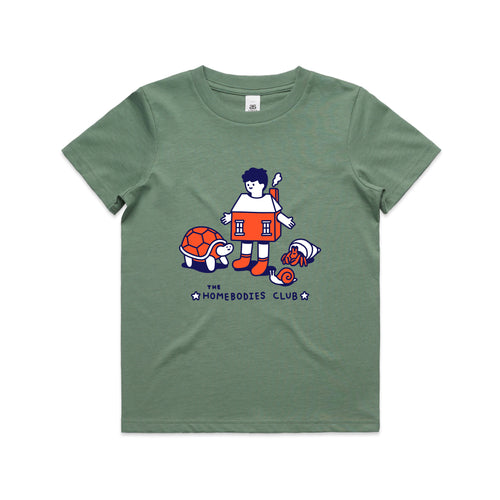 Homebodies Kids Tee by Lonely Kids Club. All clothing from our T-shirts to our shorts and hoodies are ethically made, and printed packed and shipped from Sydney.