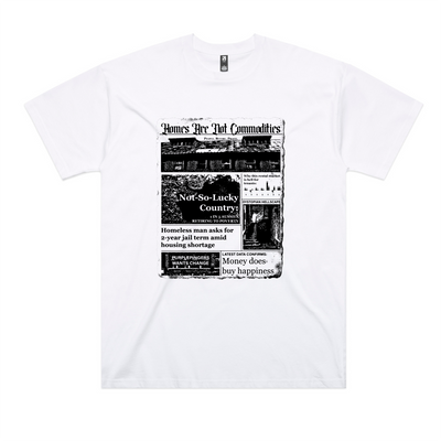 Homes Are Not Commodities Oversized Tee by Lonely Kids Club. All clothing from our T-shirts to our shorts and hoodies are ethically made, and printed packed and shipped from Sydney.