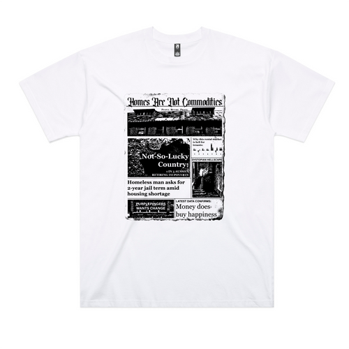 Homes Are Not Commodities Oversized Tee by Lonely Kids Club. All clothing from our T-shirts to our shorts and hoodies are ethically made, and printed packed and shipped from Sydney.
