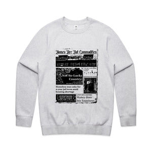 Homes Are Not Commodities Jumper by Lonely Kids Club. All clothing from our T-shirts to our shorts and hoodies are ethically made, and printed packed and shipped from Sydney.
