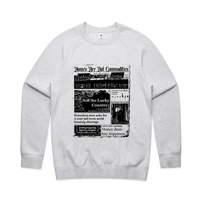 Homes Are Not Commodities Jumper by Lonely Kids Club. All clothing from our T-shirts to our shorts and hoodies are ethically made, and printed packed and shipped from Sydney.