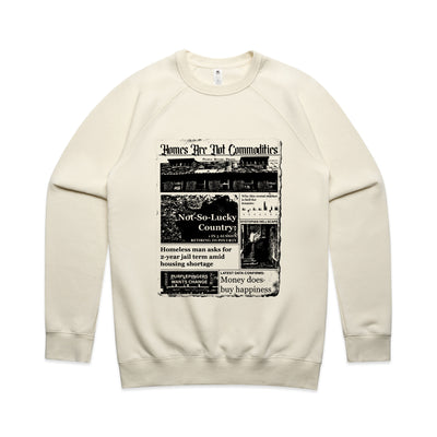 Homes Are Not Commodities Jumper by Lonely Kids Club. All clothing from our T-shirts to our shorts and hoodies are ethically made, and printed packed and shipped from Sydney.