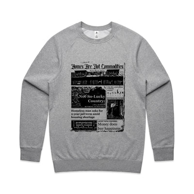 Homes Are Not Commodities Jumper by Lonely Kids Club. All clothing from our T-shirts to our shorts and hoodies are ethically made, and printed packed and shipped from Sydney.
