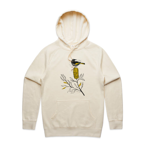 New Holland Honeyeater Hoodie by Lonely Kids Club. All clothing from our T-shirts to our shorts and hoodies are ethically made, and printed packed and shipped from Sydney.