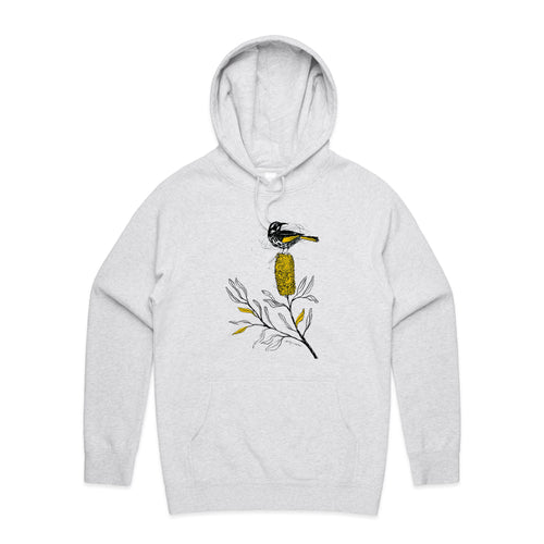 New Holland Honeyeater Hoodie by Lonely Kids Club. All clothing from our T-shirts to our shorts and hoodies are ethically made, and printed packed and shipped from Sydney.