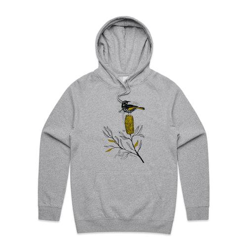 New Holland Honeyeater Hoodie by Lonely Kids Club. All clothing from our T-shirts to our shorts and hoodies are ethically made, and printed packed and shipped from Sydney.