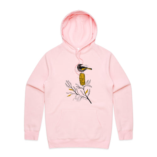 New Holland Honeyeater Hoodie by Lonely Kids Club. All clothing from our T-shirts to our shorts and hoodies are ethically made, and printed packed and shipped from Sydney.