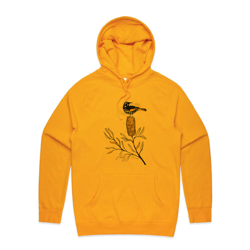 New Holland Honeyeater Hoodie by Lonely Kids Club. All clothing from our T-shirts to our shorts and hoodies are ethically made, and printed packed and shipped from Sydney.