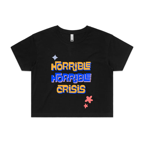 Horrible Horrible Crisis Tee by Lonely Kids Club. All clothing from our T-shirts to our shorts and hoodies are ethically made, and printed packed and shipped from Sydney.