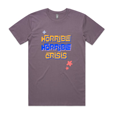 Horrible Horrible Crisis Tee by Lonely Kids Club. All clothing from our T-shirts to our shorts and hoodies are ethically made, and printed packed and shipped from Sydney.