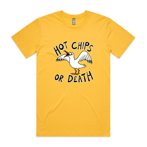 Hot Chips Or Death Tee by Lonely Kids Club. All clothing from our T-shirts to our shorts and hoodies are ethically made, and printed packed and shipped from Sydney.
