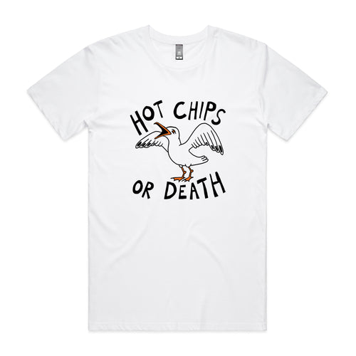 Hot Chips Or Death Tee by Lonely Kids Club. All clothing from our T-shirts to our shorts and hoodies are ethically made, and printed packed and shipped from Sydney.