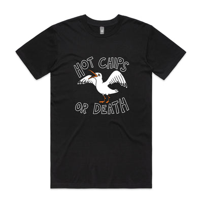 Hot Chips Or Death Tee by Lonely Kids Club. All clothing from our T-shirts to our shorts and hoodies are ethically made, and printed packed and shipped from Sydney.