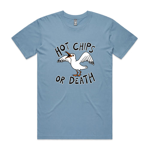 Hot Chips Or Death Tee by Lonely Kids Club. All clothing from our T-shirts to our shorts and hoodies are ethically made, and printed packed and shipped from Sydney.