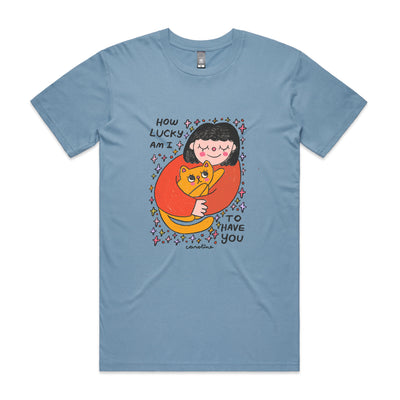 How Lucky Am I Tee by Lonely Kids Club. All clothing from our T-shirts to our shorts and hoodies are ethically made, and printed packed and shipped from Sydney.